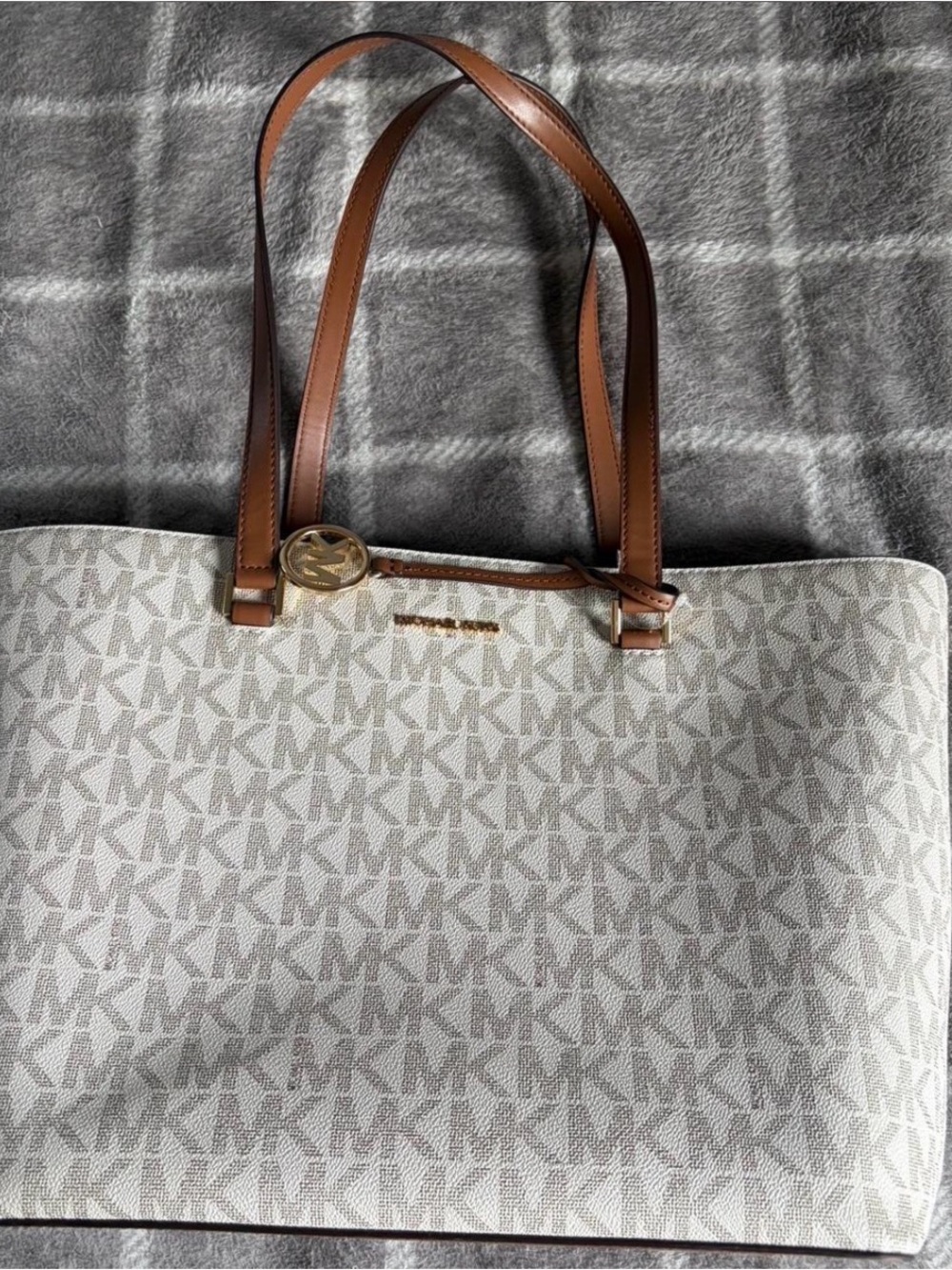Michael Kors Signature Canvas Tote in Vanilla with Brown Straps
